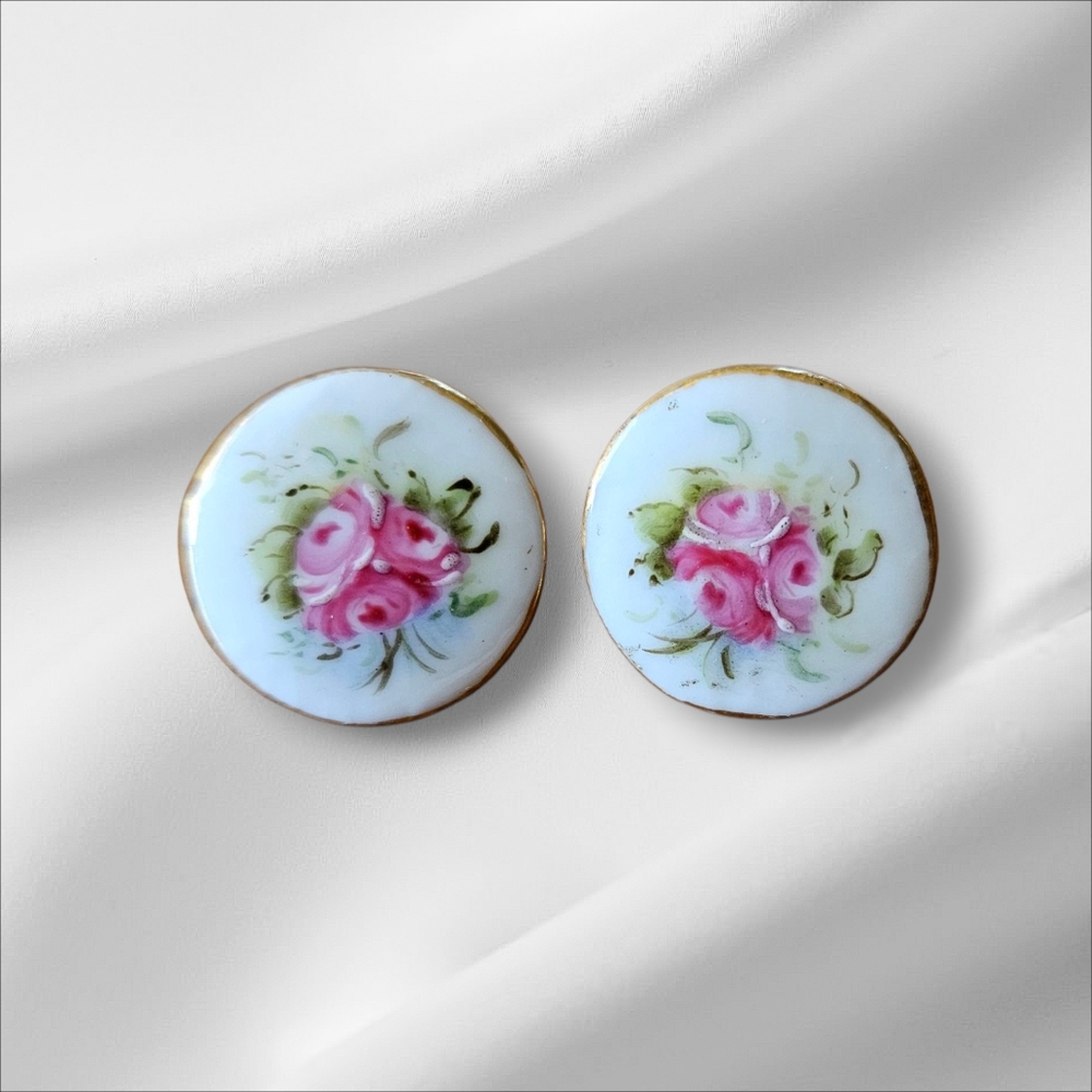 Antique 1800s Porcelain Hand Painted  Button Matching Custom Screw On Earrings - Picture 6 of 6